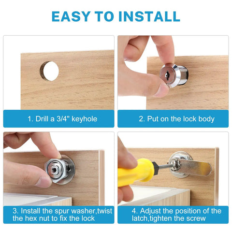 Installation steps for Five Eighth Inch Cabinet Cam Lock Set Keyed Alike Five Pack Cylinder Locks with Chrome Finish