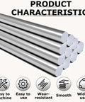 Four Pack Of 304 Stainless Steel Round Rods In One Quarter Inch Diameter By Six Inch Length Ideal For DIY Metalworking Welding Crafting Machining And Construction Projects shown from side with characteristics icons.