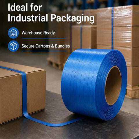 Heavy Duty Blue Polypropylene Strapping Roll 1/2 By 3300 Feet Hella Tough Industrial Pallet Banding Strap No Sweat Weather Proof Packaging Bundle Wrapping on a cardboard box.