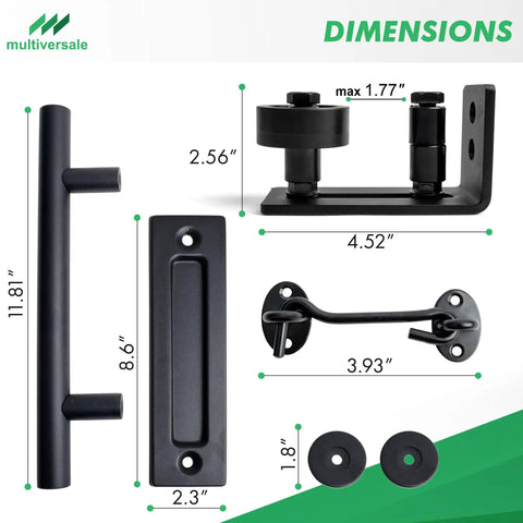 Dimensions of Black Barn Door Floor Guide Set With Handle And Latch Lock For Sliding Doors, Roller Adjustable Wall Mount Track