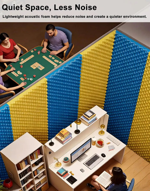 Orange High-Density Acoustic Foam Panels with Self Adhesive Peel and Stick to Banish Echo for Studio Vibes in a home setting.