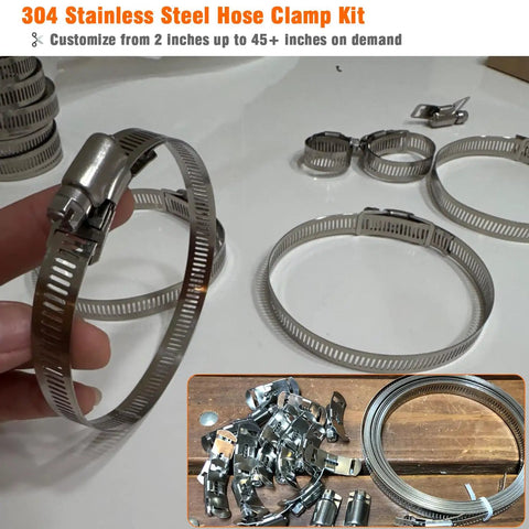 Cut To Size 12 Foot Stainless Steel Hose Clamp Kit With Ten Heavy Duty Fasteners shown with adjustable worm gear clamps
