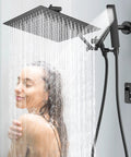 All Metal Dual Shower Head Combo With 12 Inch Rainfall Shower Head And Handheld, Matte Black Finish in use with water flow