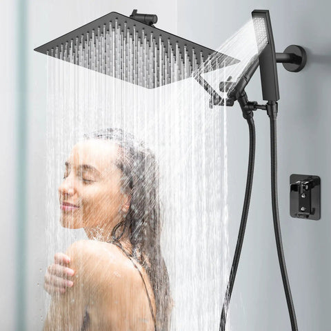 All Metal Dual Shower Head Combo With 12 Inch Rainfall Shower Head And Handheld, Matte Black Finish in use with water flow