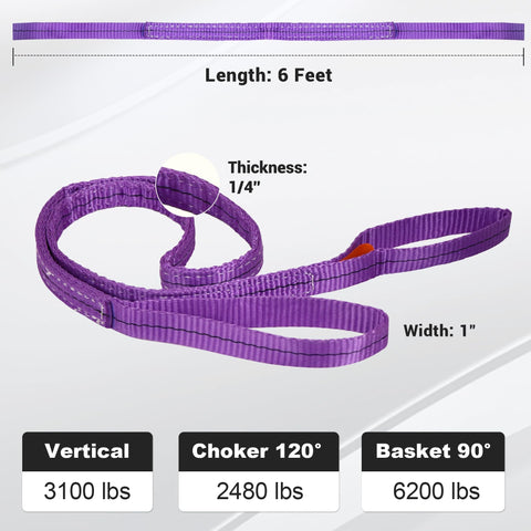 Purple 6 Foot By 1 Inch Multifunctional Heavy Duty Lift Sling Web Strap With Five Inch Diameter Reinforced Loops And Wear Guard End Made From 100 Percent Polyester For Weather Resistant Strength Ideal For Lifting Hoists Rigging And Go To Job Site Gear