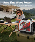 2400 Watt Portable Inverter Generator With Smart App Control Ultra Quiet Engine And Reliable Clean Power Ready To Roll For Campground Days And Home Power Backup next to a woman using laptop and phone outdoors.