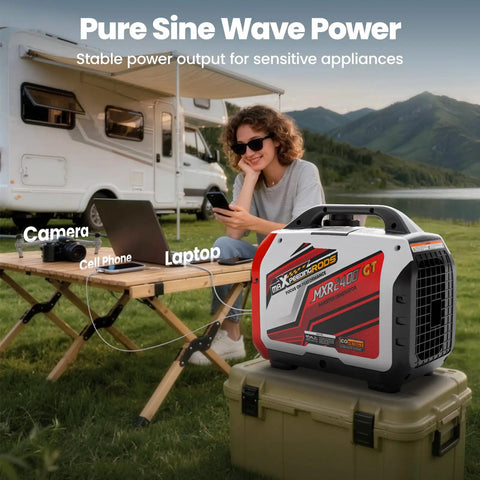 2400 Watt Portable Inverter Generator With Smart App Control Ultra Quiet Engine And Reliable Clean Power Ready To Roll For Campground Days And Home Power Backup next to a woman using laptop and phone outdoors.