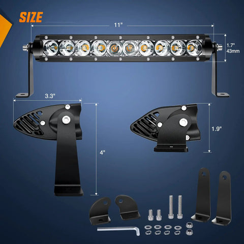 Slim 11 Inch LED Light Bar 2 Pack 26 LED Single Row Spotlight Flood Combo For Off Road 4x4 Trucks SUVs ATVs UTVs Roof Bumper Lamp Amber 2200K Beams For Night Driving, size chart with brackets and hardware