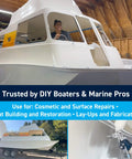 Premium Marine Grade Polyester Gelcoat For Fiberglass Repair White Quart applied on boat hull in workshop for restoration.