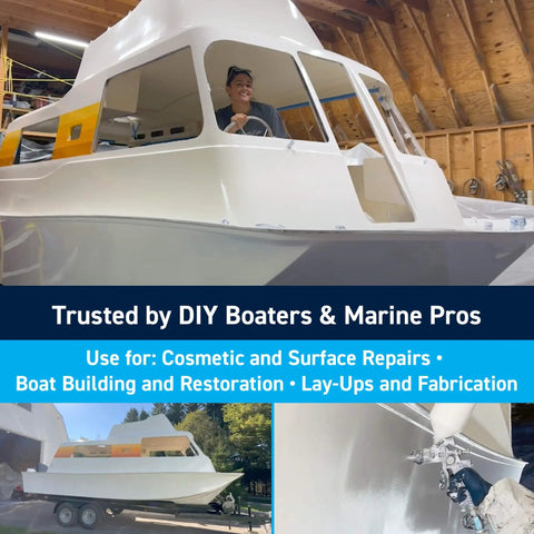 Premium Marine Grade Polyester Gelcoat For Fiberglass Repair White Quart applied on boat hull in workshop for restoration.