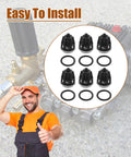 Close-up of six black pressure washer check valves with O-rings; 6-pack kit for Mi-T-M Inter Pump 47/49/50/51 series.