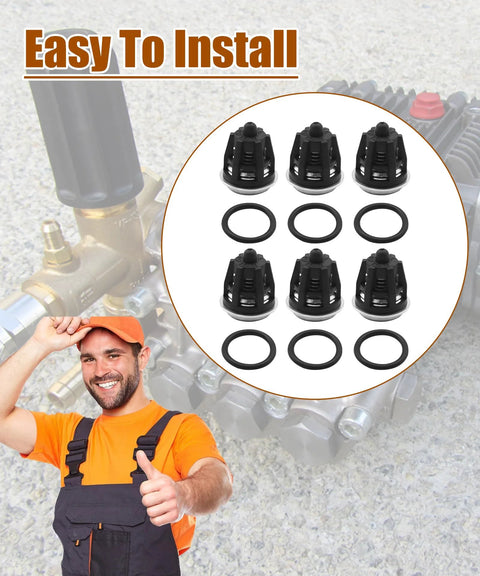 Close-up of six black pressure washer check valves with O-rings; 6-pack kit for Mi-T-M Inter Pump 47/49/50/51 series.
