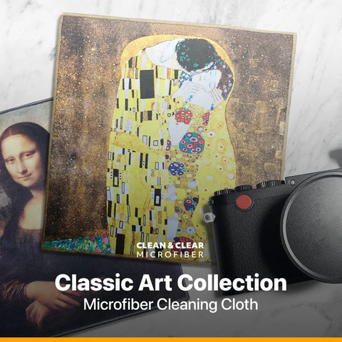 Microfiber cleaning cloths, 5-pack, classic art print with gold-toned design, for camera lenses and glasses
