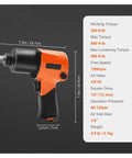 Knuckle Saving Half Inch Air Impact Wrench Generating 880 Ft Lbs Of Raw Torque At 7500 Rpm On An Ultra Light Aluminum Frame side view with specs.