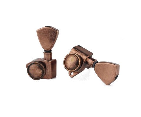 Guitar Locking Tuners Set 3L 3R Rear Lock, Gear Ratio 1 to 21, Trapezium Handle, Antique Bronze, Sealed Housings, 10mm Headstock, Easy String Tension Adjustment, Replacement Machine Heads for Electric Folk Acoustic Guitars, pair view