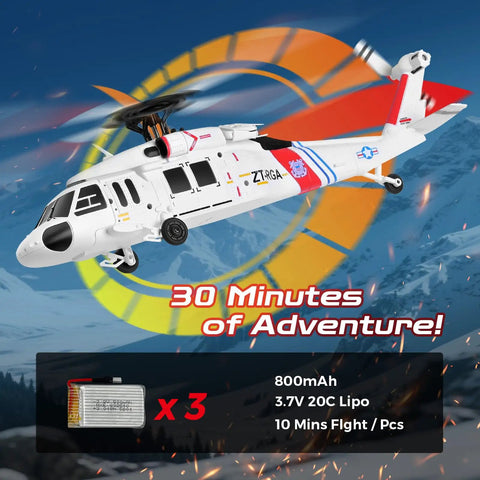 WLtoys K270 Brushless RC Helicopter With Optical Flow Positioning, Black Hawk style in flight, with battery details shown