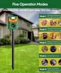 Solar Powered Ultrasonic Animal Repeller With Pir Motion Sensor, Yard Deterrent For Cats, Dogs, Birds, Rabbits, Skunks, Squirrels And Deer, 180 Degree Coverage Up To 26 Feet, Flaming Eye Alarm, Weatherproof Outdoor Pest Deterrent. 19-inch green solar pest repeller on stake with five modes