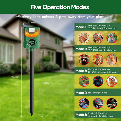 Solar Powered Ultrasonic Animal Repeller With Pir Motion Sensor, Yard Deterrent For Cats, Dogs, Birds, Rabbits, Skunks, Squirrels And Deer, 180 Degree Coverage Up To 26 Feet, Flaming Eye Alarm, Weatherproof Outdoor Pest Deterrent. 19-inch green solar pest repeller on stake with five modes