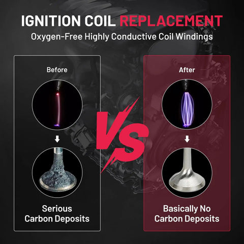 Before and after effects of Ignition Coil Replacement showing carbon deposits improvement.