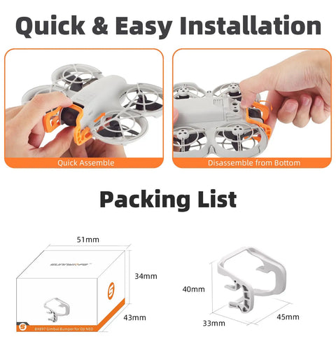 Quick-Release Gimbal Bumper For NEO Drone shown with easy installation directions and packing list for anti-collision full gimbal protection.