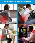 People in different scenarios experiencing back pain relief with Comfortable Lumbar Support Pillow For Office Chair And Car With Mesh Cover And Double Adjustable Straps For Real Back Pain Relief Posture Improve All Day Sit Comfort Great Gift For Mom And Dad Home Office Travel