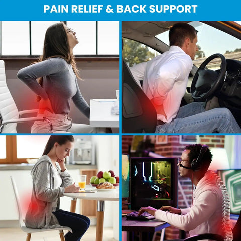 People in different scenarios experiencing back pain relief with Comfortable Lumbar Support Pillow For Office Chair And Car With Mesh Cover And Double Adjustable Straps For Real Back Pain Relief Posture Improve All Day Sit Comfort Great Gift For Mom And Dad Home Office Travel