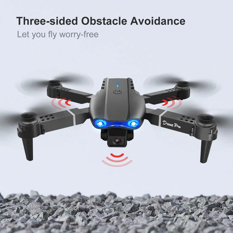 1080P Dual HD Camera FPV Quadcopter hovering above gravel with obstacle avoidance sensors, featuring WiFi live video.