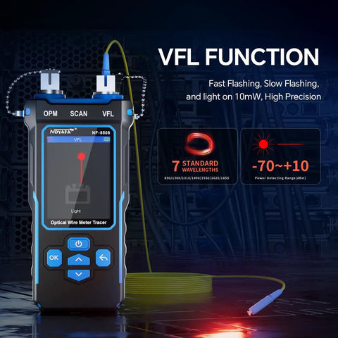 One-Stop Network Cable Tester Kit with RJ45 Crimp Tool and Optical Power Meter for Cat5 Cat6 Cat7 8P8C, showing VFL function.