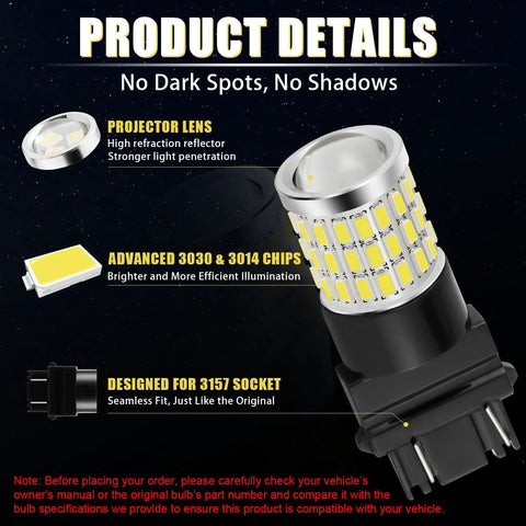 Premium 3157 Led Light Bulbs White Super Bright Tail Brake Reverse And Turn Signal Pair with projector lens and advanced chips.