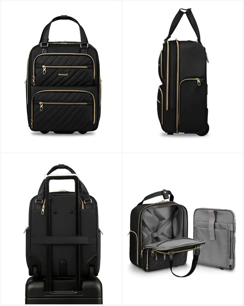 Front view of black LUGGEX underseat carry-on luggage with gold-tone zippers, 16-inch.
Side view of black soft-sided underseat luggage with top handle and wheels.
Back view of black LUGGEX underseat luggage with trolley handle and straps.
Open black underseat luggage showing gray interior with multiple compartments.