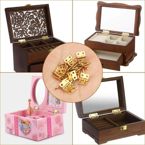 Image of Gold Mini Dollhouse Hinges Kit with 30 tiny hinges and 120 nails for 180 degree full motion copper metal DIY hardware.