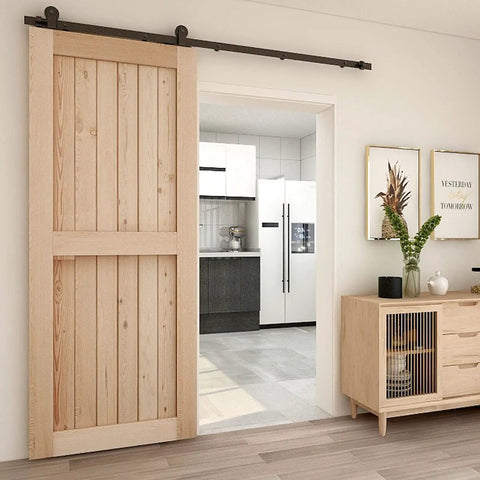 Interior with 6-Foot Sliding Barn Door Hardware Kit For Single Wood Door Heavy-Duty T-Shaped Black Track System DIY Ready No-Fuss Install