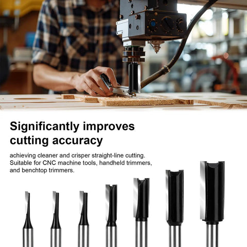 7 Piece Straight Router Bit Set With 1/4 Inch Shank Plunge Top Bearing Flush Trim Bits For DIY Woodworking Includes Cut Diameters 1/8 5/32 3/16 1/4 5/16 3/8 1/2 Inches And Heights 1/2 3/4 1 1-3/16 Inches, CNC wood cutting