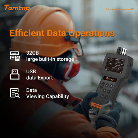 Top Notch Handheld Particle Counter Featuring Pm1 Pm25 Pm10 Air Quality Monitoring And Iso Certified Aerosol Detection Bringing Spot On Accuracy To Cleanrooms Labs And Medical Facilities Daily, showing data display with USB and large storage.
