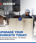 Man using the Gearwiz panel carrier for 4x8 sheets up to 100 lbs while moving plywood at a construction site.