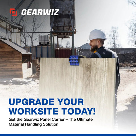 Man using the Gearwiz panel carrier for 4x8 sheets up to 100 lbs while moving plywood at a construction site.