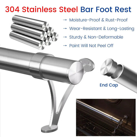 Heavy Duty Stainless Steel Bar Foot Rail Kit With Undercounter Brackets For Home Bars Built Tough Rust Resistant Silver supports shown with end cap.