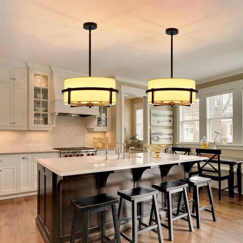 Four Light Modern Drum Chandelier With Fabric Shade, Semi Flush Mount Ceiling Light In Matte Black Iron in kitchen