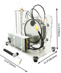 Front view of a clear acrylic electrolysis water machine with coil reactor, power supply, hoses, and torch.