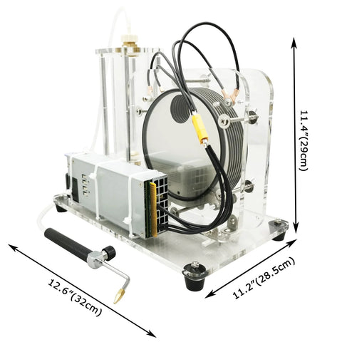 Front view of a clear acrylic electrolysis water machine with coil reactor, power supply, hoses, and torch.