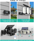 Solar Motion Sensor Lights Outdoor Five Head Flood Light Dope Bright 500LM 7700K Cool White 360 Degree Coverage Wire Free Security Flood Lights Auto On At Night With Daylight Sensor Easy Install Pack Of Two showing installation steps on a wall.