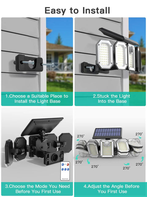 Solar Motion Sensor Lights Outdoor Five Head Flood Light Dope Bright 500LM 7700K Cool White 360 Degree Coverage Wire Free Security Flood Lights Auto On At Night With Daylight Sensor Easy Install Pack Of Two showing installation steps on a wall.