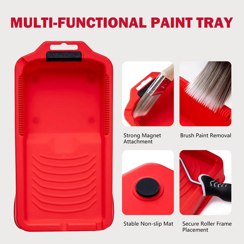 11-Piece Foam Paint Roller Kit with magnetic tray showing strong magnet attachment and paintbrush removal features.