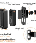 Anti Theft Doorbell Mount For Video Doorbell Gen 1 And Gen 2 No Drill With Rain Cover Keeps Your Camera Safe From Thieves Easy Clip On Install No Blocked Sensor Or Night Vision Weatherproof Shield For Outdoor Use diagram showing protective shell and stainless steel mount dimensions.