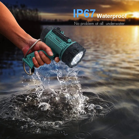 Person holding Beefy Rechargeable Handheld Spotlight One Million Lumens LED Light IP67 Waterproof Heavy Duty Flashlight underwater