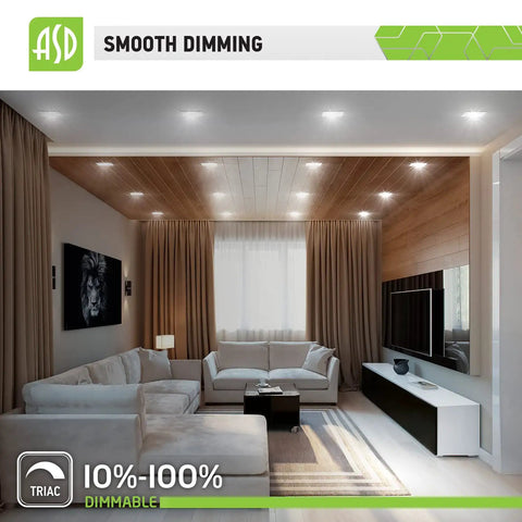 Living room with 4 Inch Square Recessed LED Can Lights 10W Replacement 722 Lumens Wet Rated Dimmable CRI90 5 CCT Downlights