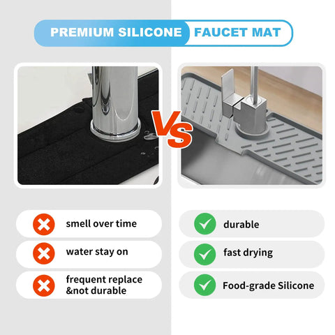 Comparison of premium silicone faucet mat vs non-durable mat with Silicone Faucet Splash Guard And Water Catcher Mat 18 By 5.9 Inches Extra Long Non Slip No Mess Sink Mat For Kitchen Bathroom Laundry Farmhouse Bar And RV Gray benefits.