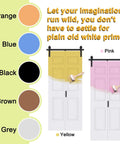 32x84 Inch Bi Fold Barn Door Set With Six Raised Panels, paintable in yellow and pink, hardware track kits shown with color options.