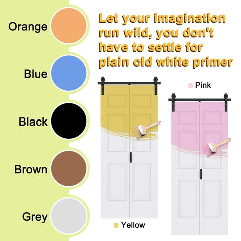 32x84 Inch Bi Fold Barn Door Set With Six Raised Panels, paintable in yellow and pink, hardware track kits shown with color options.
