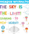 Dimensions of 3D Hot Air Balloon Honeycomb Bulletin Board Set For Classroom Decor With Colorful Balloon Cutouts And Cloud Shapes, 65 Piece Kit